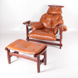 Vintage-style leather and rope armchair and its ottoman