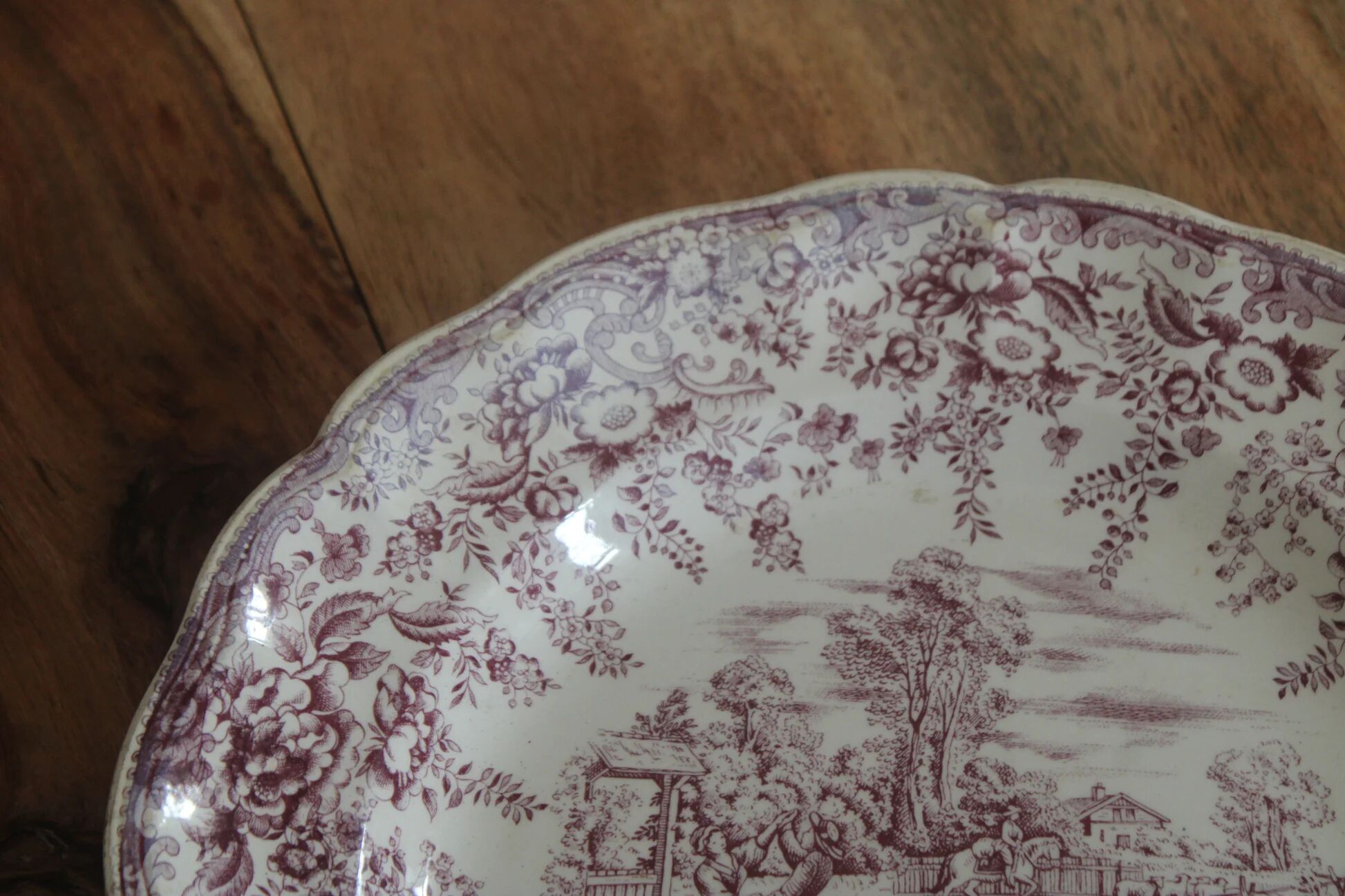 Large vintage shallow dish Lunéville KG – French earthenware, purple country decor – 30 cm
