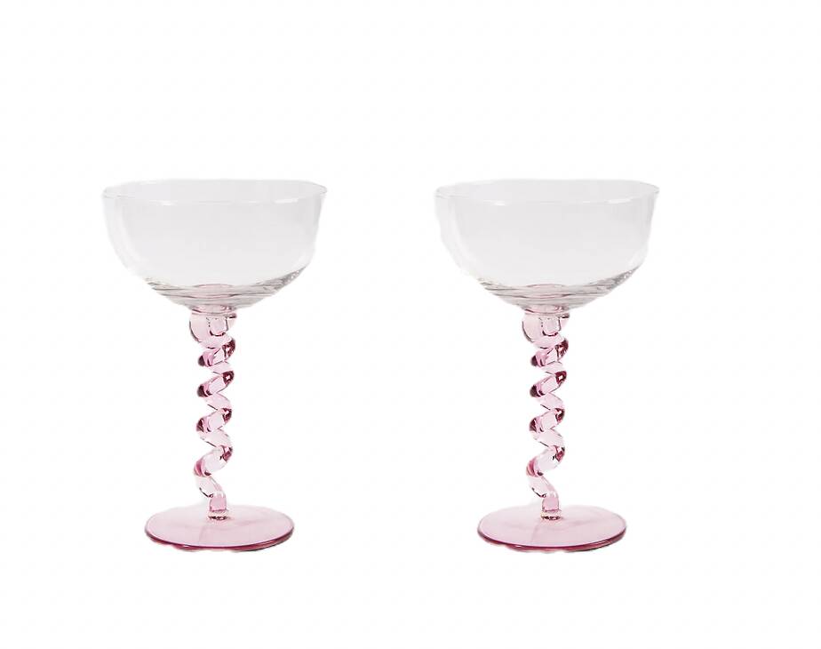 Pair of spiral champagne glasses in pink