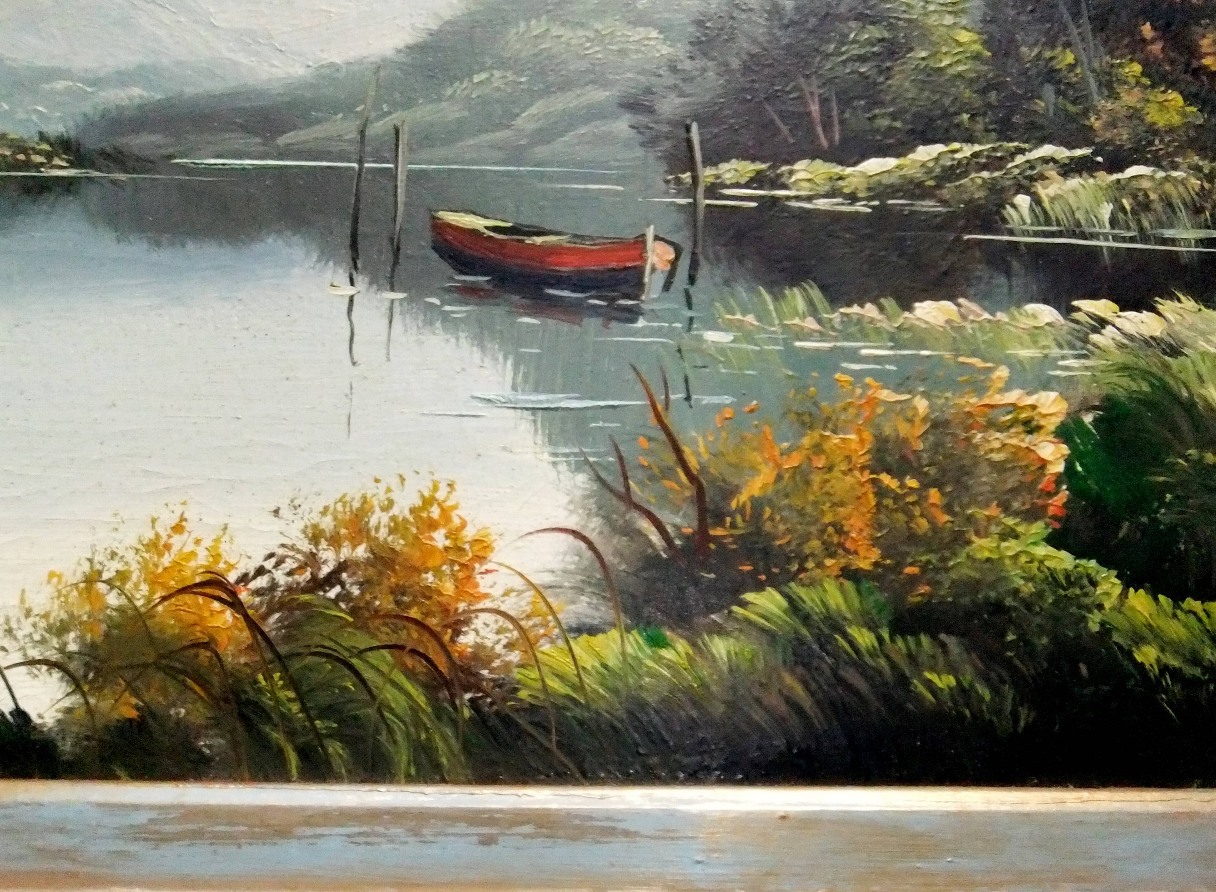 Oil painting landscape signed Vernon Gustavian blue and gold frame