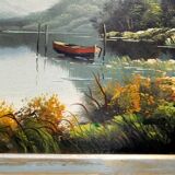 Oil painting landscape signed Vernon Gustavian blue and gold frame