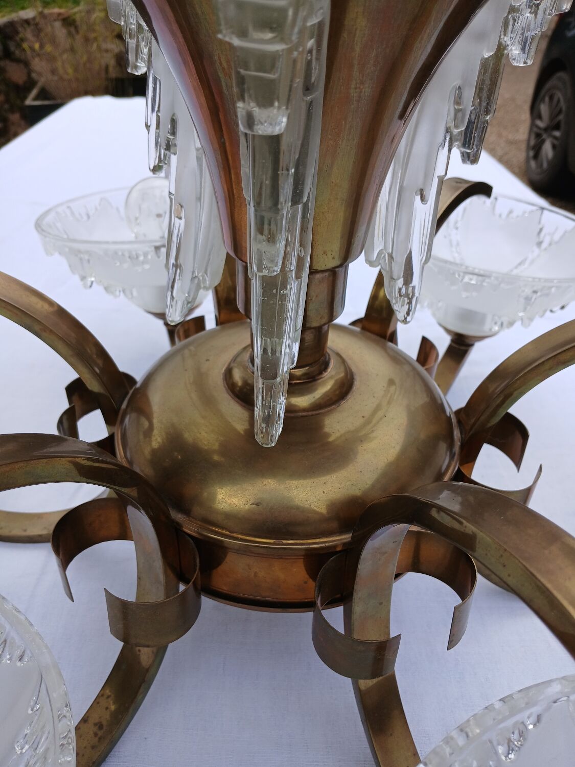 Antique Art Deco brass and glass chandelier