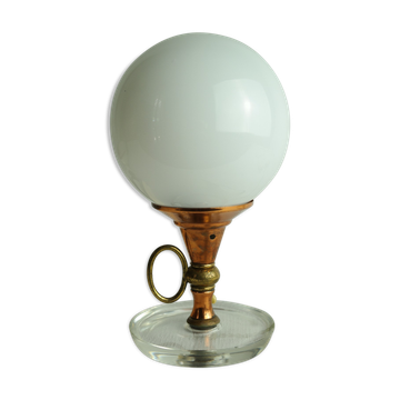 Vintage globe lamp in glass, copper, and brass.