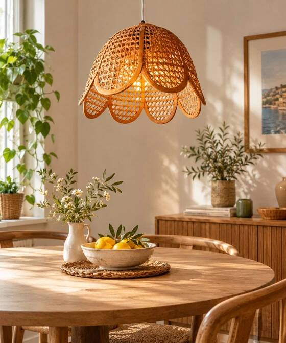 Hanging lamp in openwork bamboo