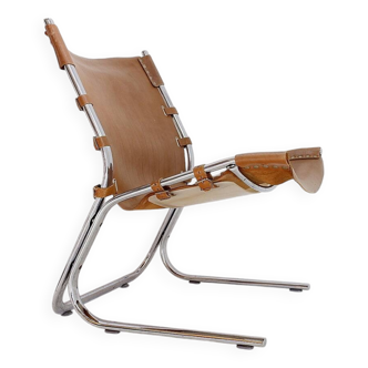 Vintage  Leather and chrome Tubular Lounge Sling Chair, 1960s