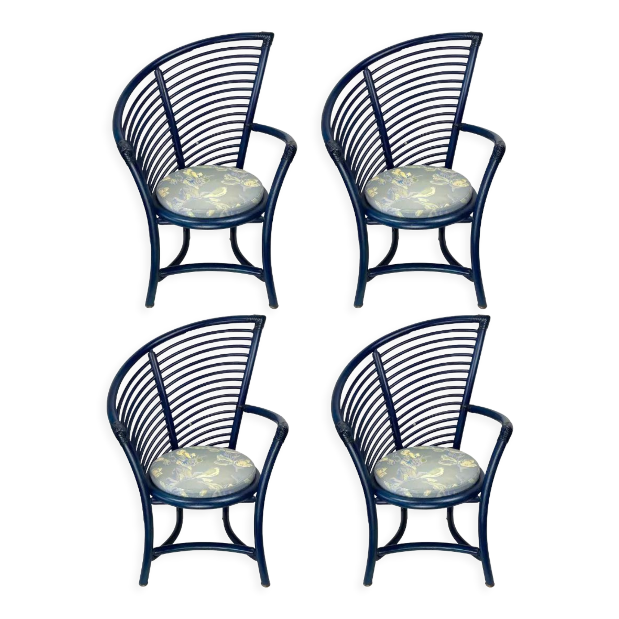 Set of 4 sculptural rattan bamboo dining chairs, Flechtatelier Schütz, Germany 1980s