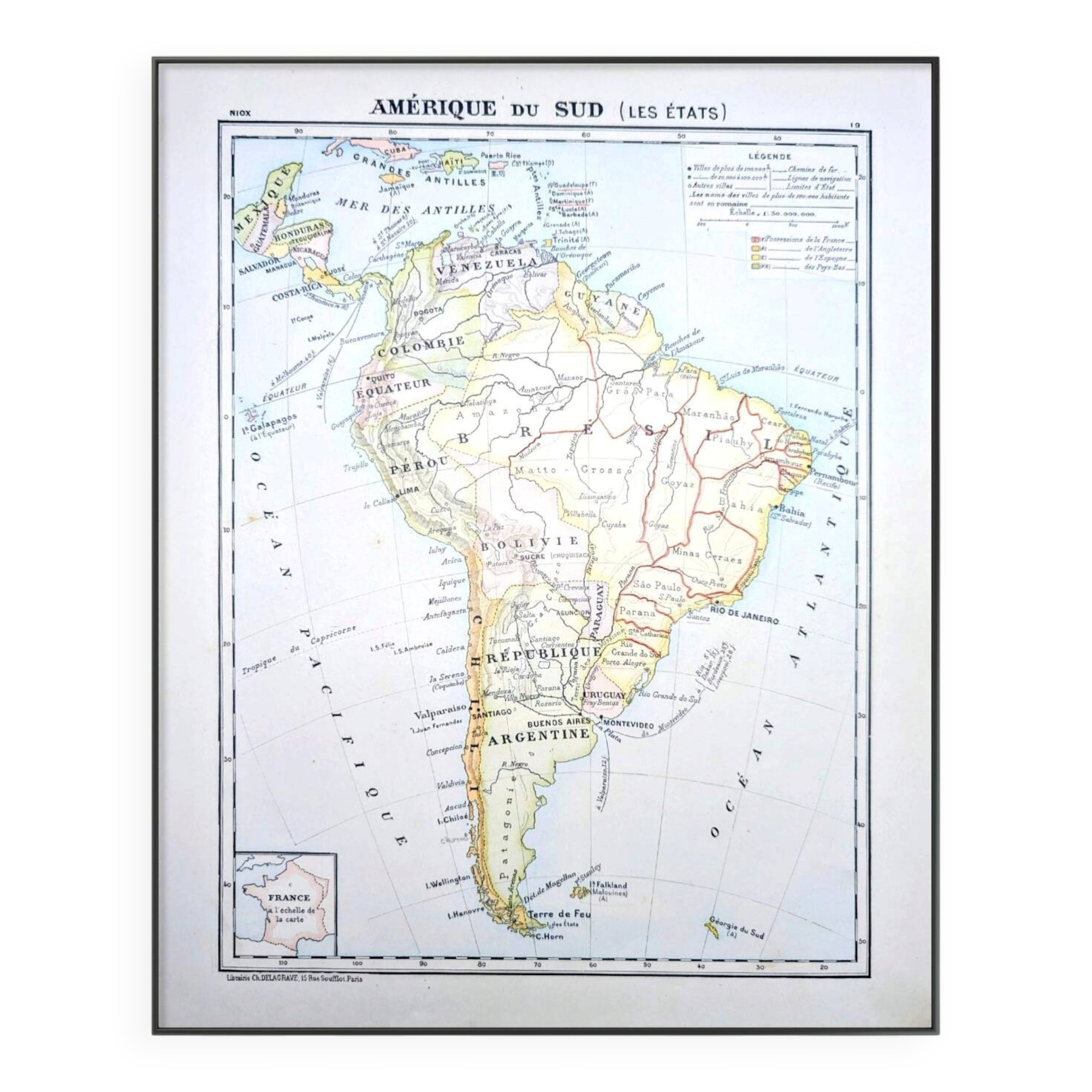 Imprimée en 1900, carte de l'Amérique du sud