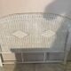 White rattan bedroom set: chest of drawers, mirror, bed, basket