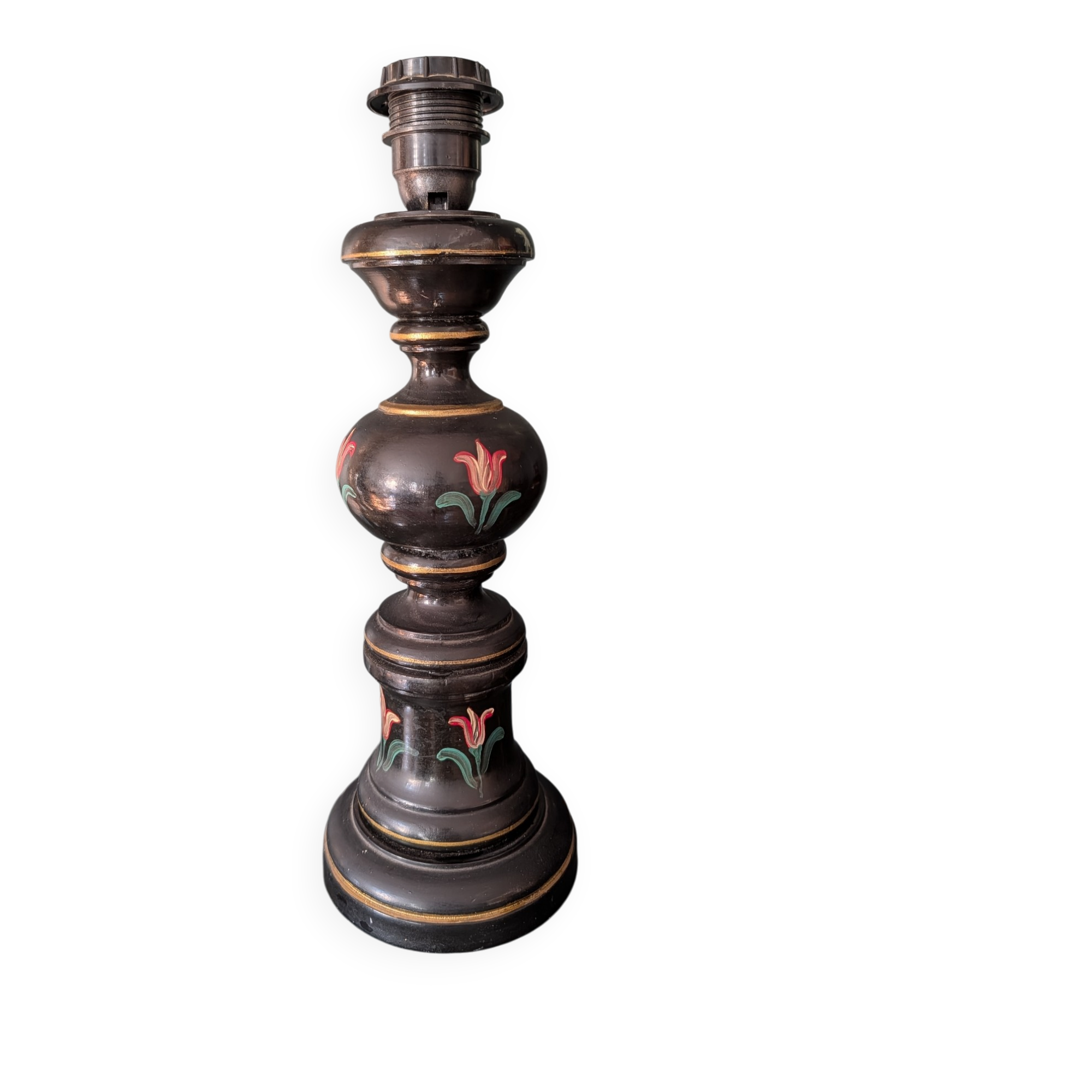 Black turned wooden lamp base – painted floral decoration – 1950s/60s