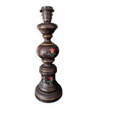 Pied de lampe en bois tourné noir – décor floral peint – années 50/60