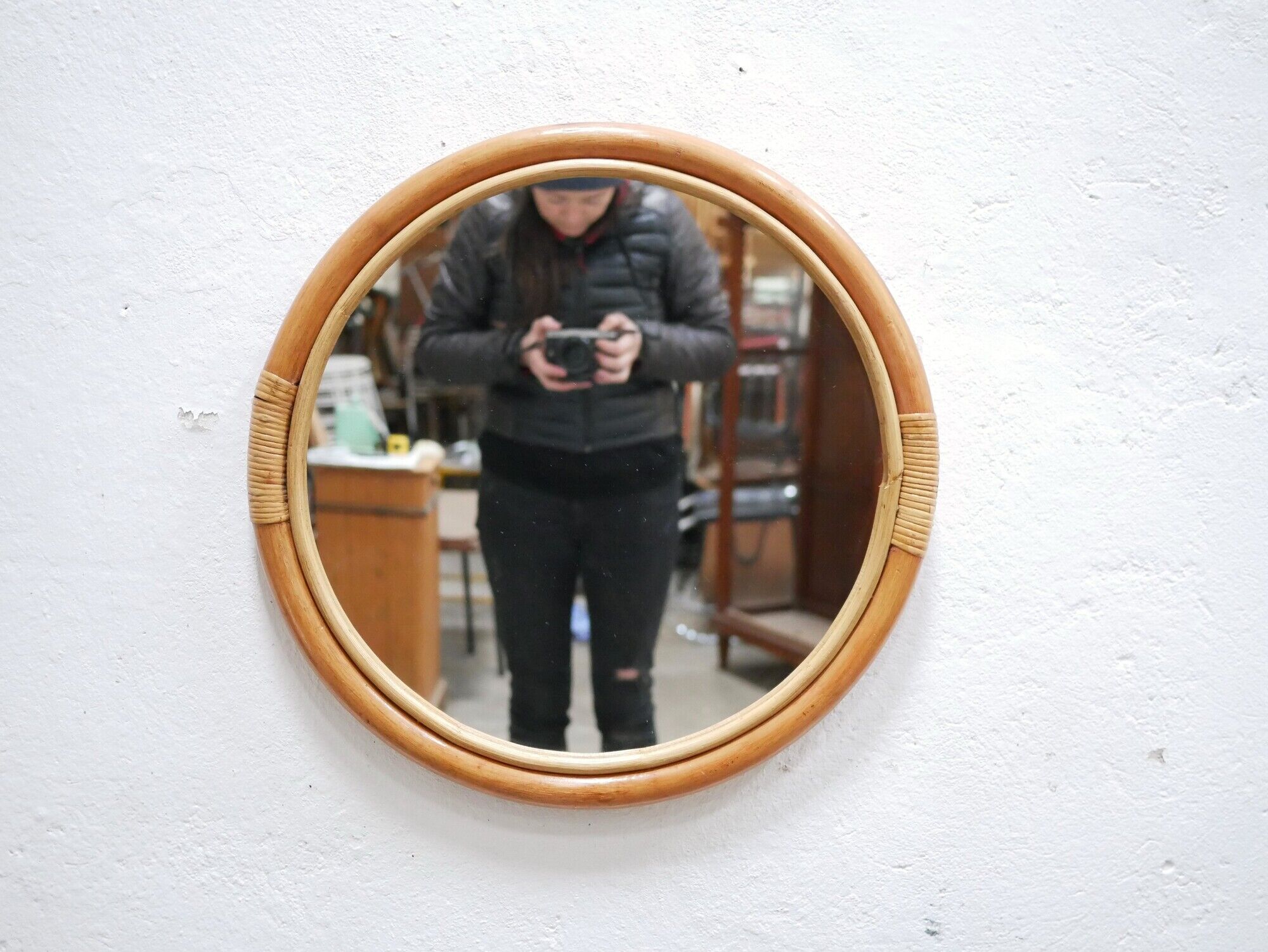 Miroir rond vintage en bambou et rotin 57cm x 57cm