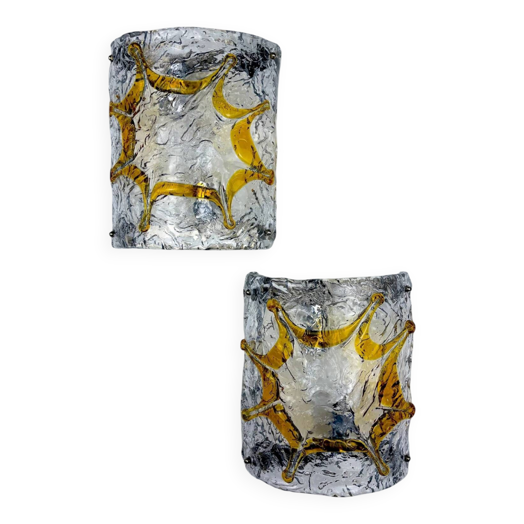 Pair of Mazzega Murano wall lights, orange frosted textured glass, Italy, 1970s