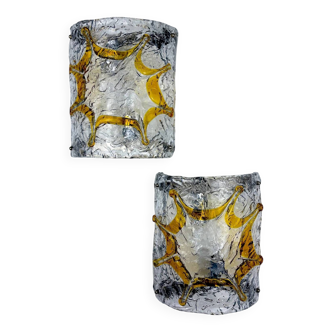 Pair of Mazzega Murano wall lights, orange frosted textured glass, Italy, 1970s