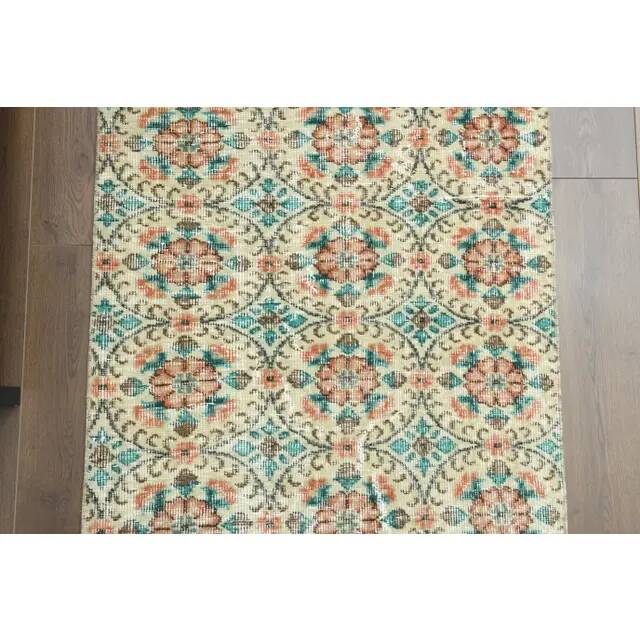 1970s vintage Turkish Oushak handmade wool cotton beige runner rug 85x270