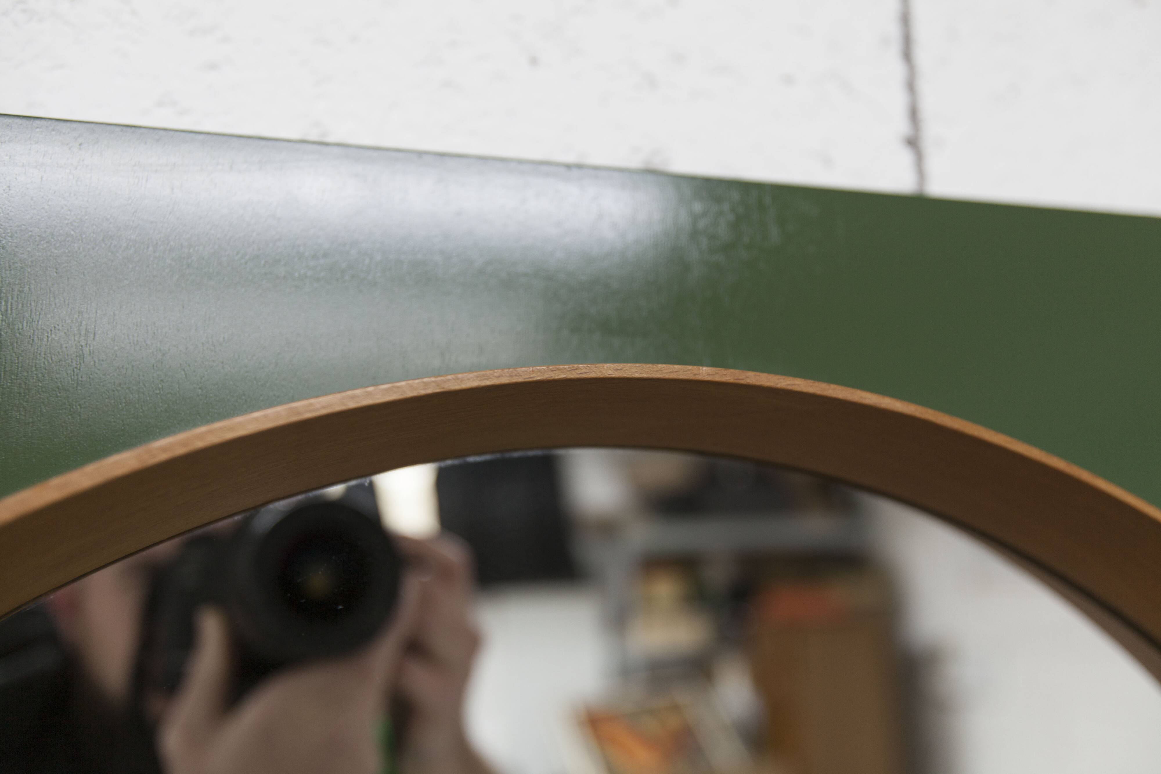 Unusual round wall mirror 60 cm teak edge on green rectangular board 1960.