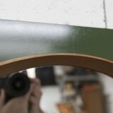 Unusual round wall mirror 60 cm teak edge on green rectangular board 1960.