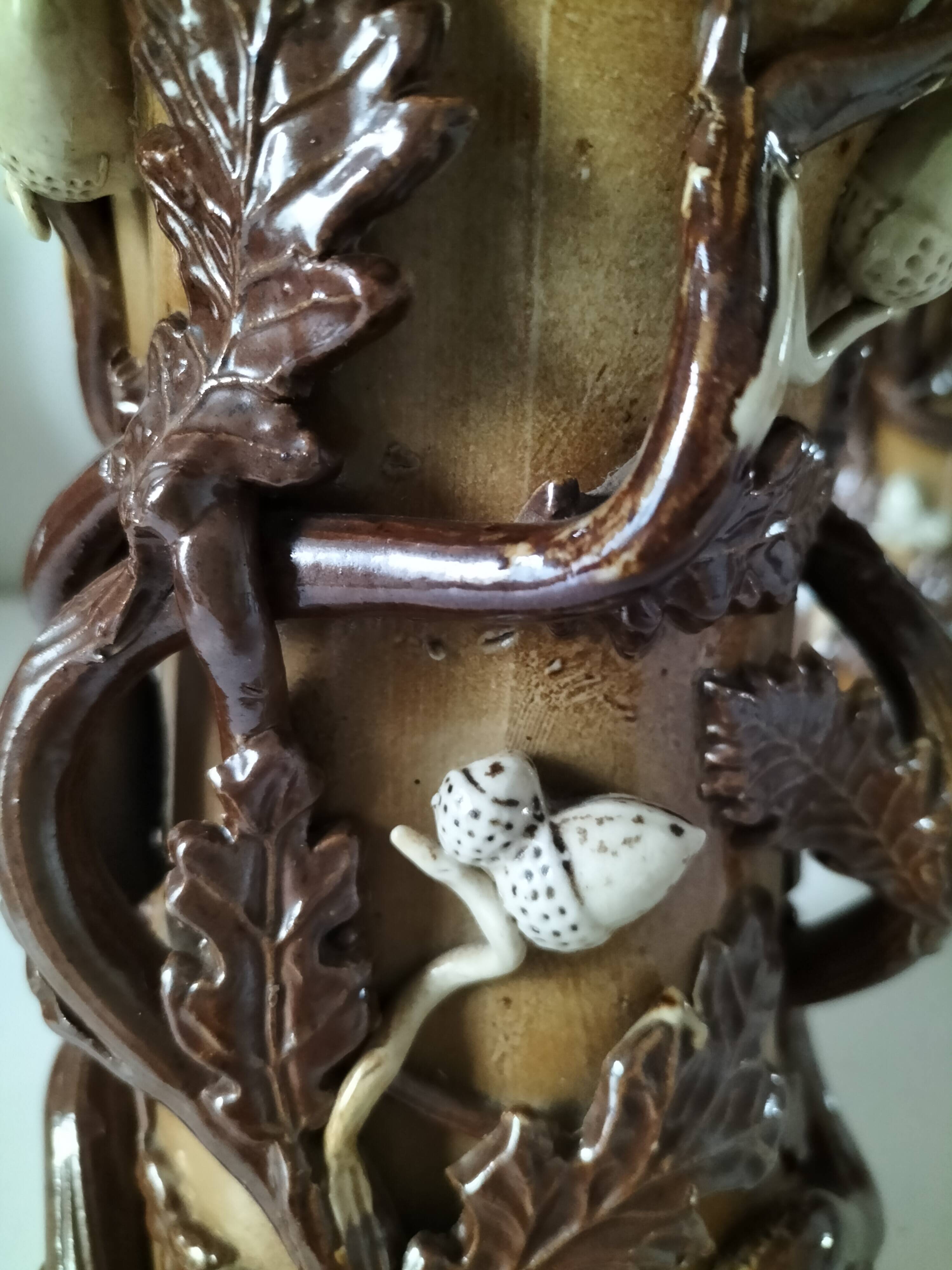 Duo of naturalistic stoneware vases – oak branches & acorns in relief