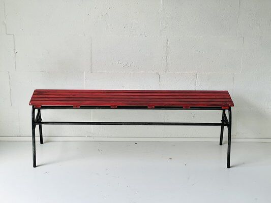 Red industrial pine bench, 1970s