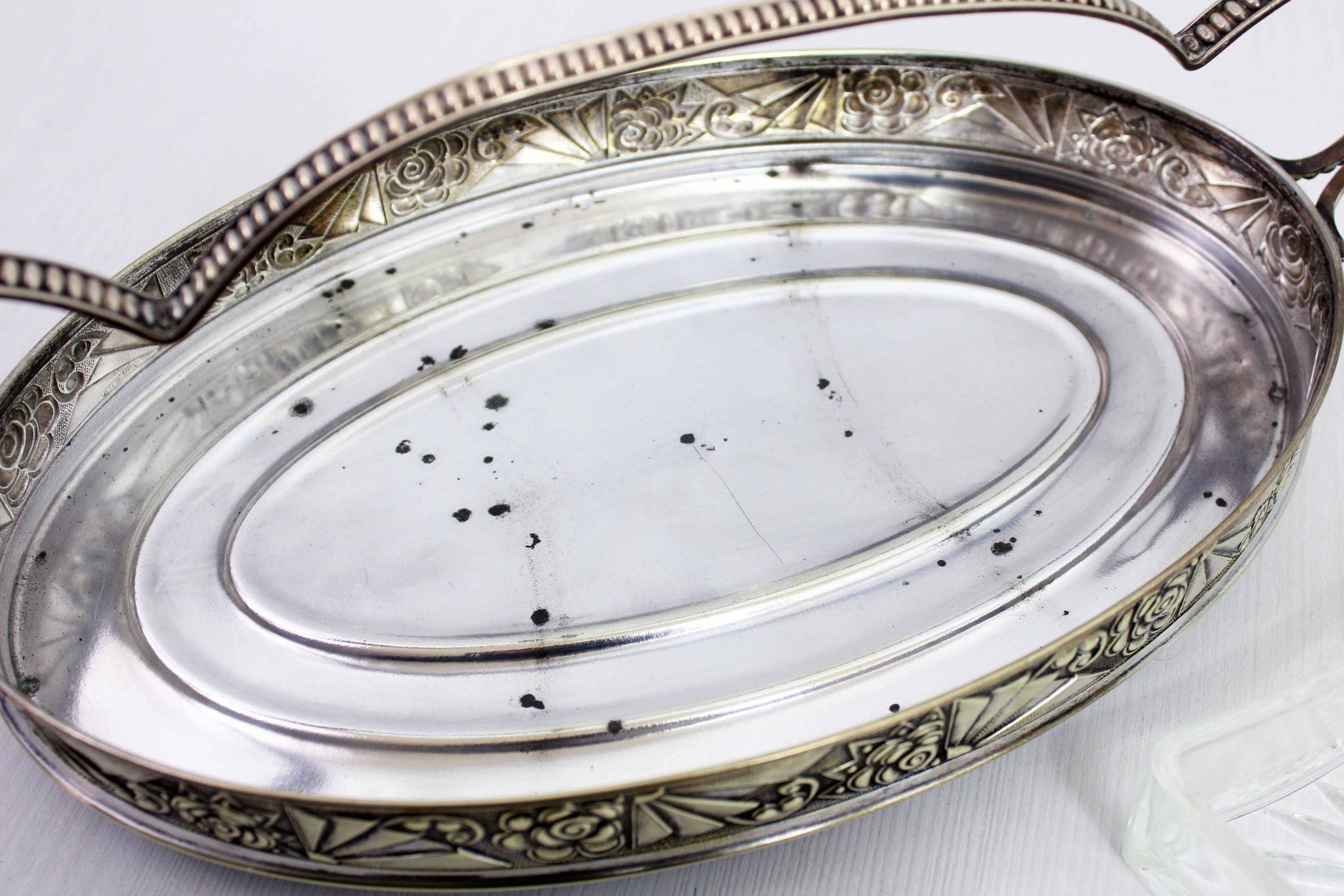 Art Deco silver metal tray with 4 ramekins