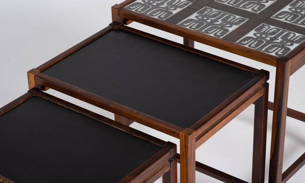 Nest of Tables in Rosewood with Tiles, Denmark, 1960s, Set of 3