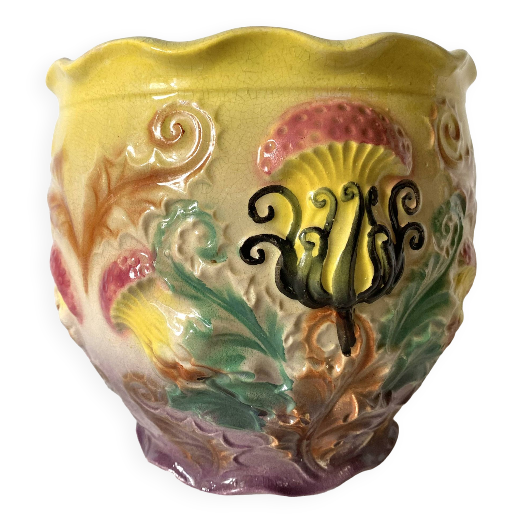 Old slip cachepot, thistles