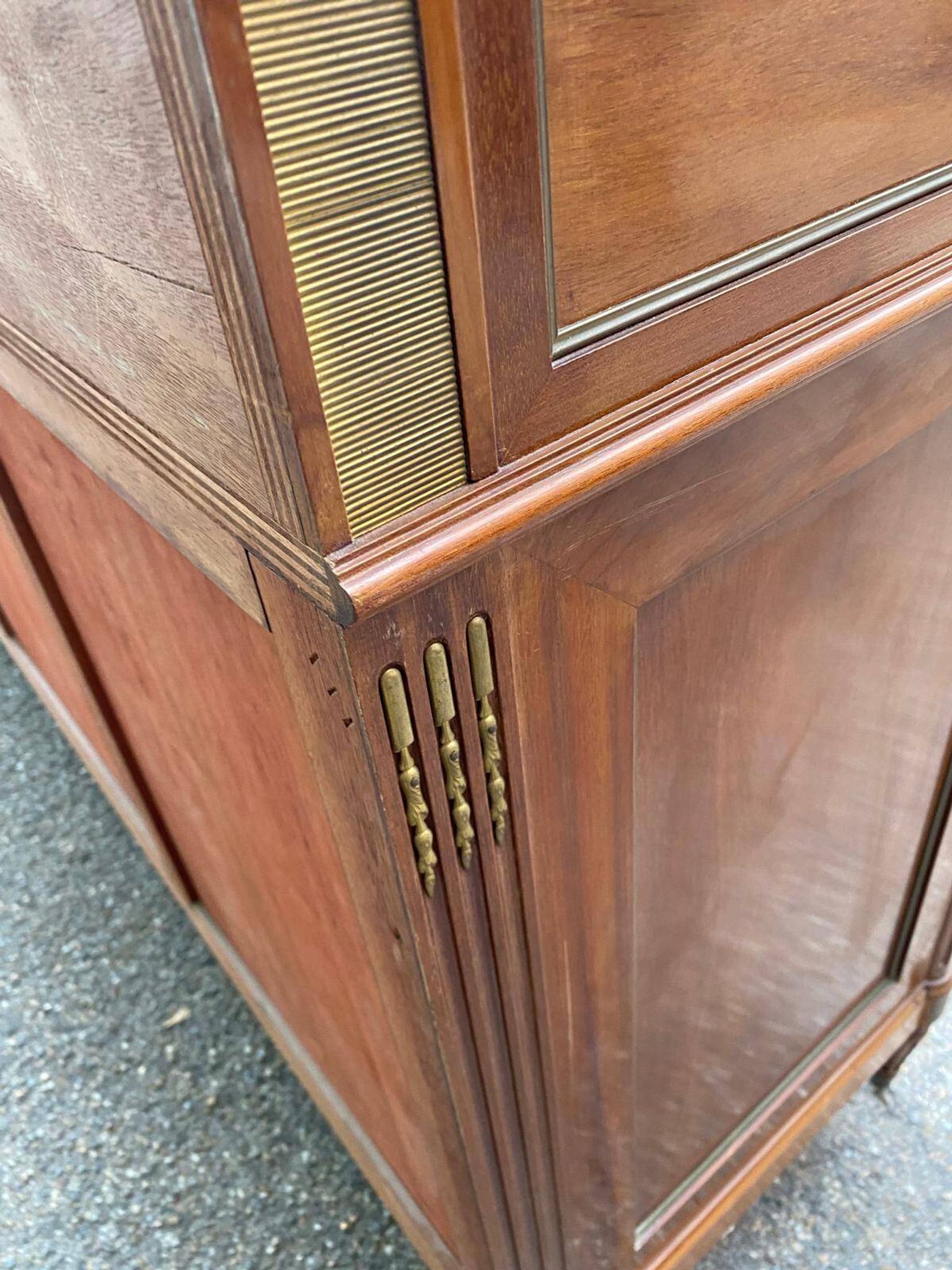 Louis XVI sideboard in solid mahogany with a white marble top, 222cm, 1950.