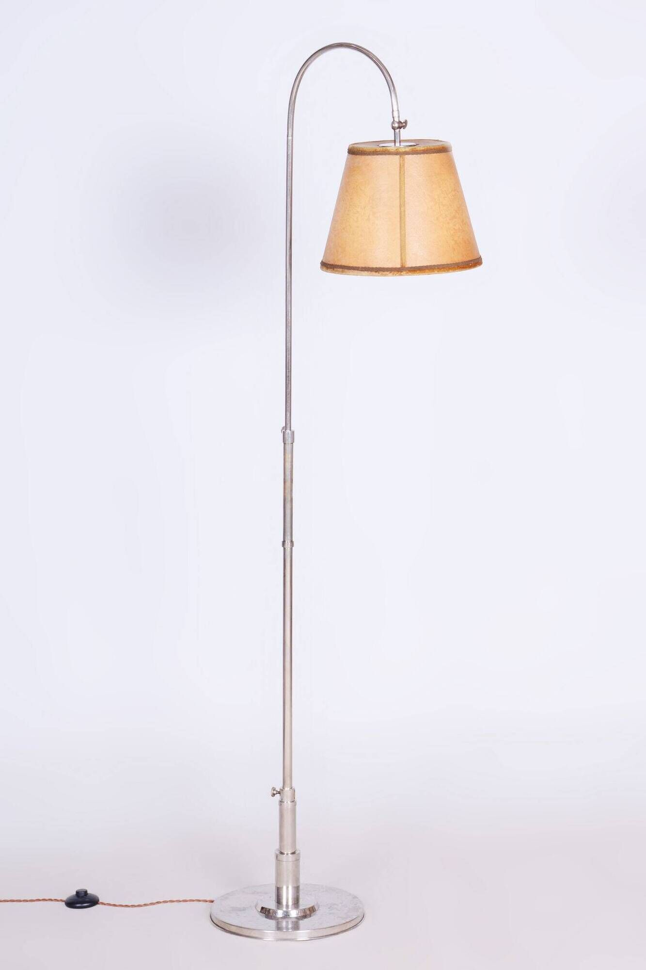 Restored Czech Bauhaus Floor Lamp, Nickel-Plated Steel, Parchment Shade, 1920s