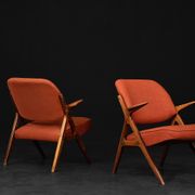 Vintage scandinavian modern oak & crimson fabric nya flugan armchairs from bröderna anderssons