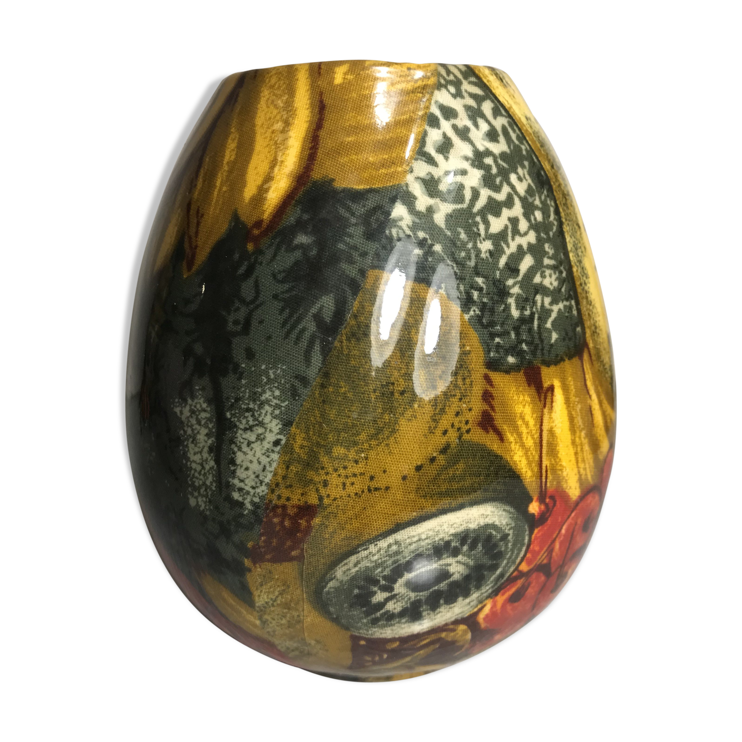 Old ceramic ball vase enamelled drawing fruits interior white vintage