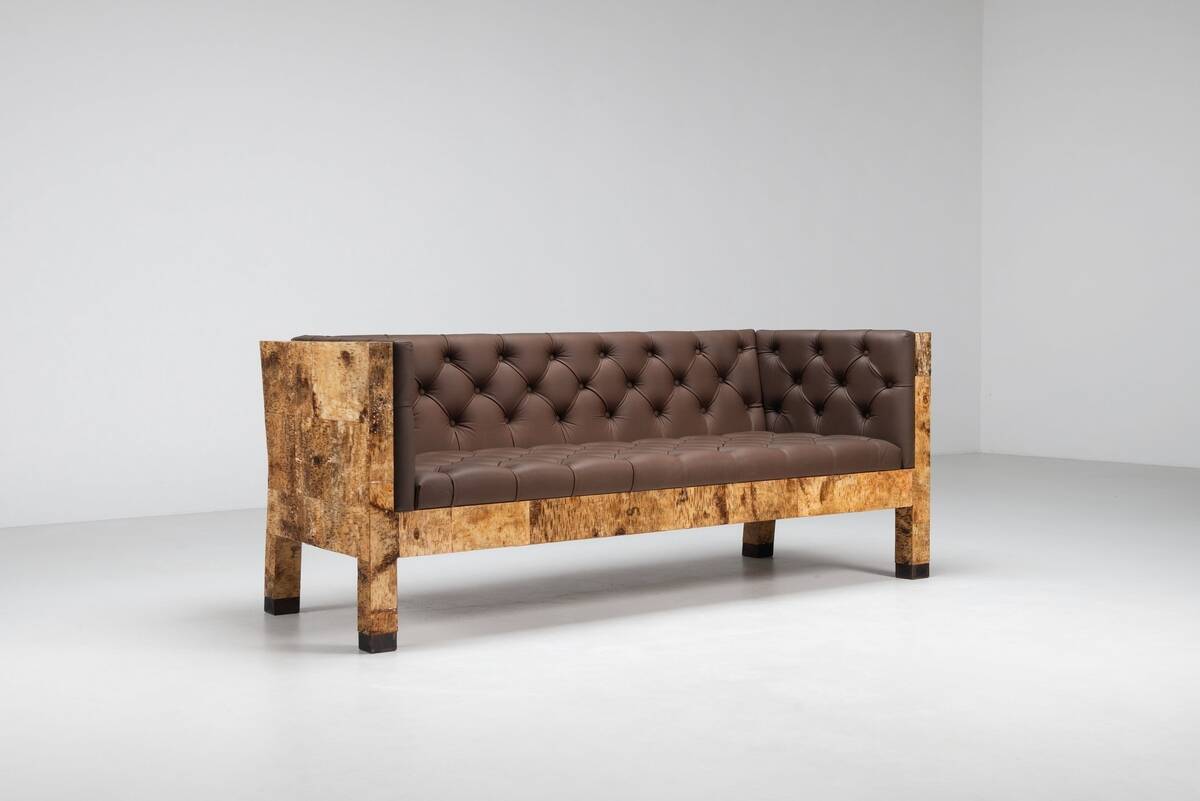 Werner Neumann sculptural birchwood sofa in birch bark and leather, The Netherlands