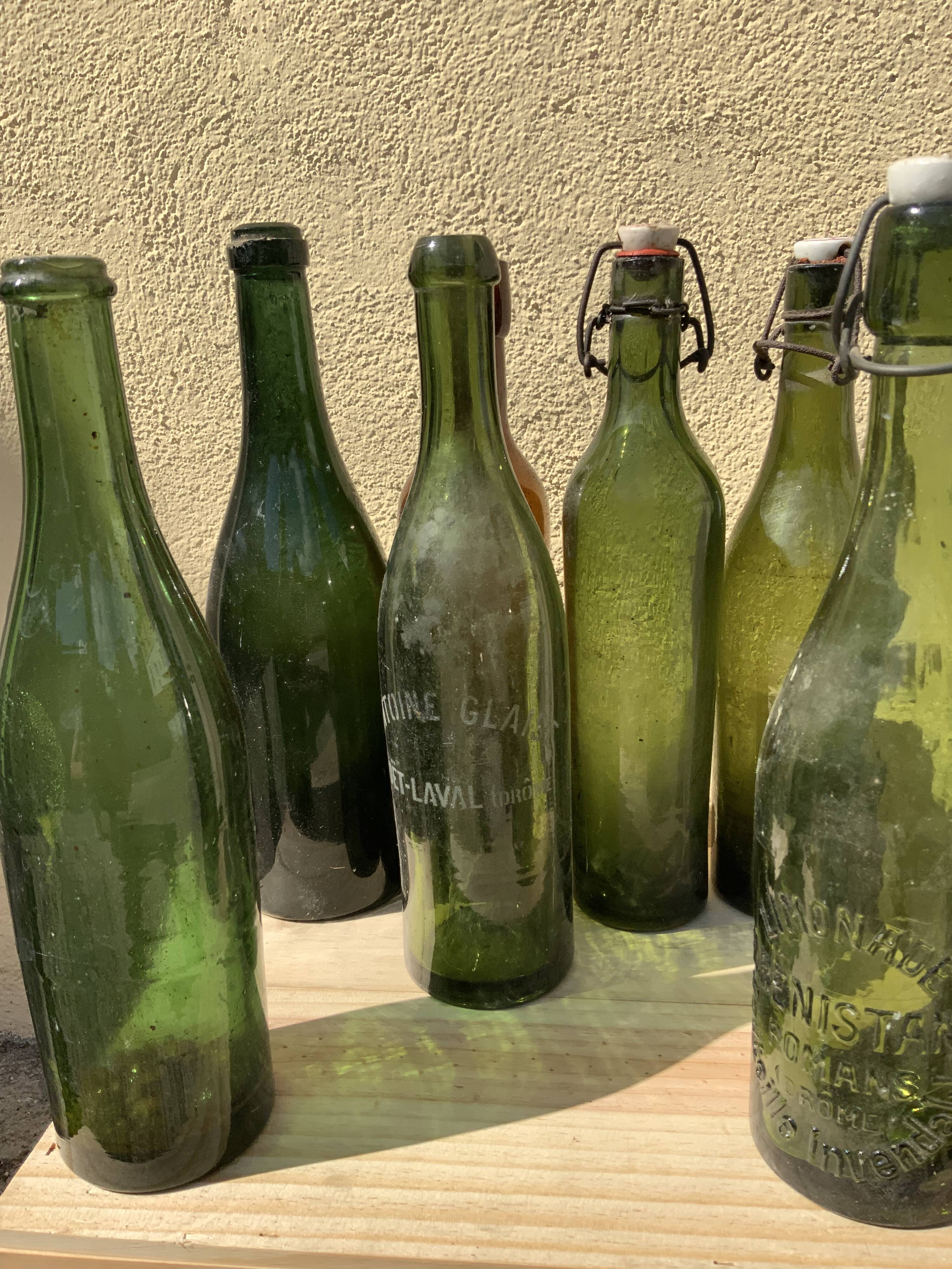 Lot 10 old bottles in blown glass deco bistro bar wine lemonade beer