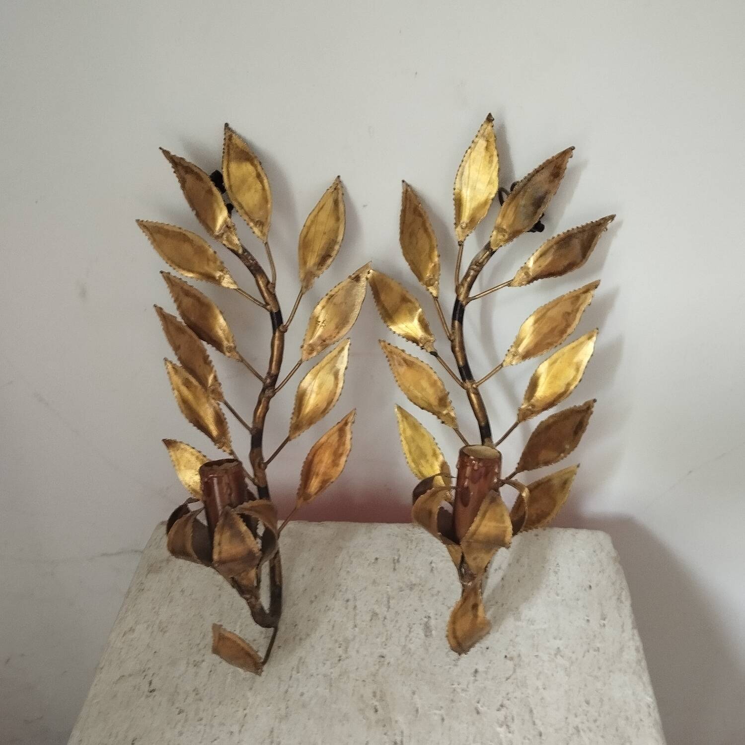 Pair of gold metal floral leaf sconces