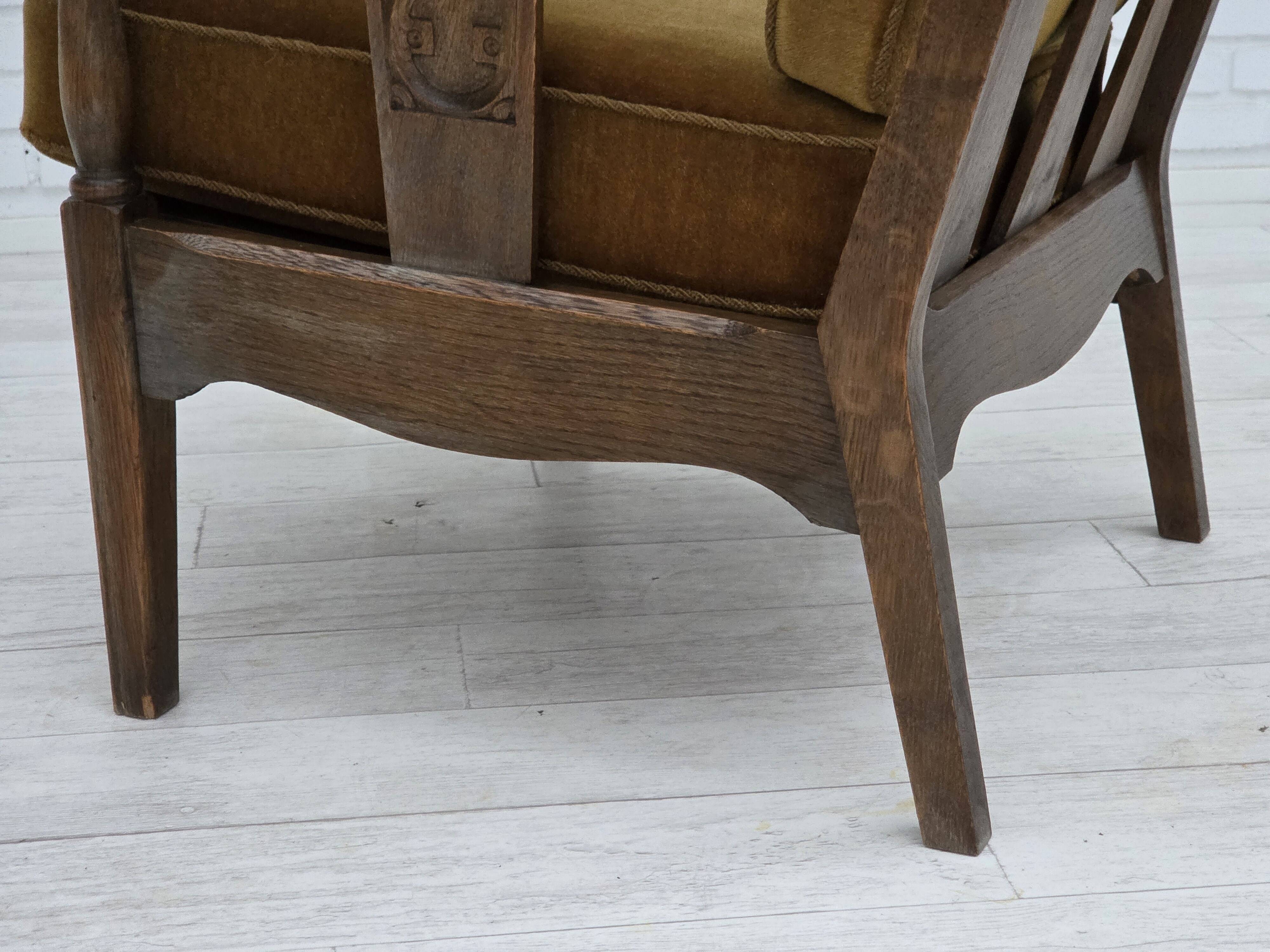 1950s, Danish vintage armchair, original green furniture velour, oak wood.