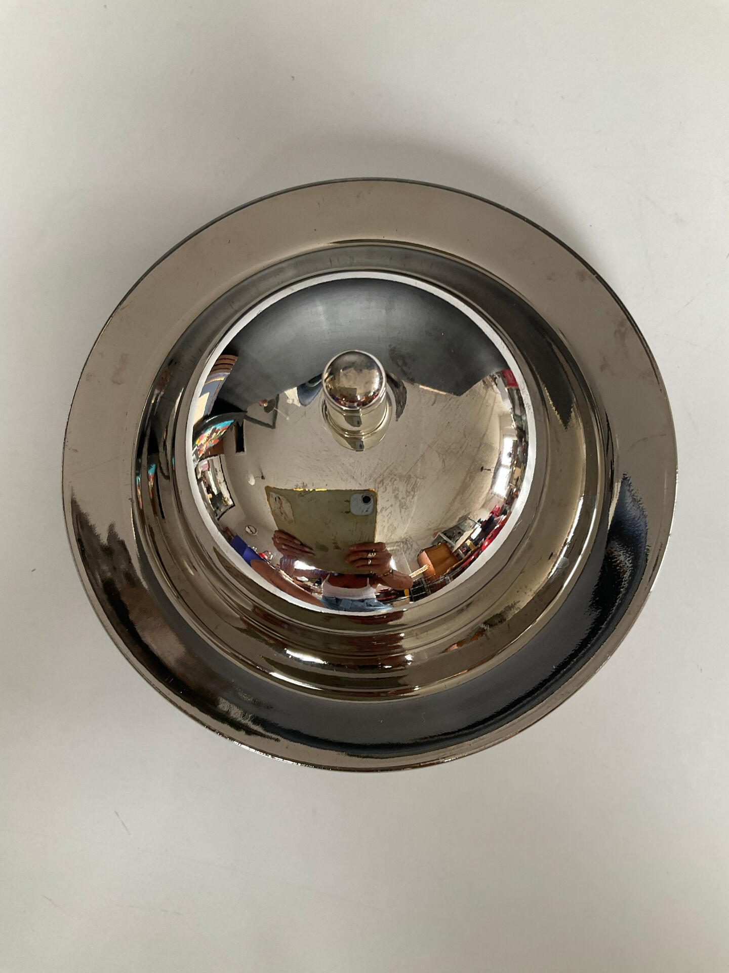 Vintage stainless steel and ceramic bell butter dish