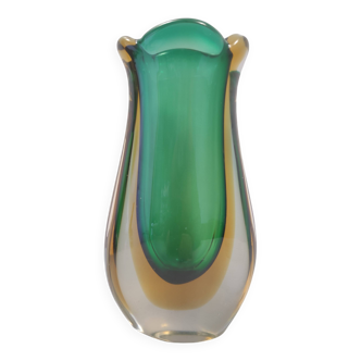 Vintage Green and Yellow  Sommerso Murano Glass Vase attr. to Flavio Poli, Italy