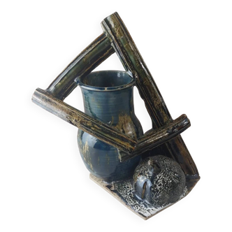 Ancien vase en terre cuite, décor citrouille, bois, à identifier