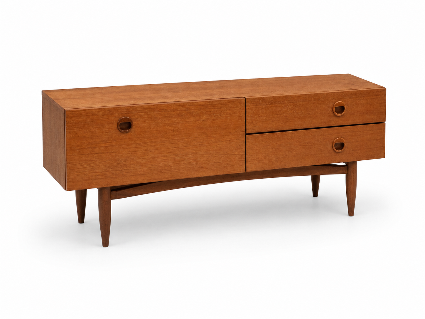 Teak sideboard with flap, 2 drawers and conical legs.
