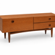 Teak sideboard with flap, 2 drawers and conical legs.