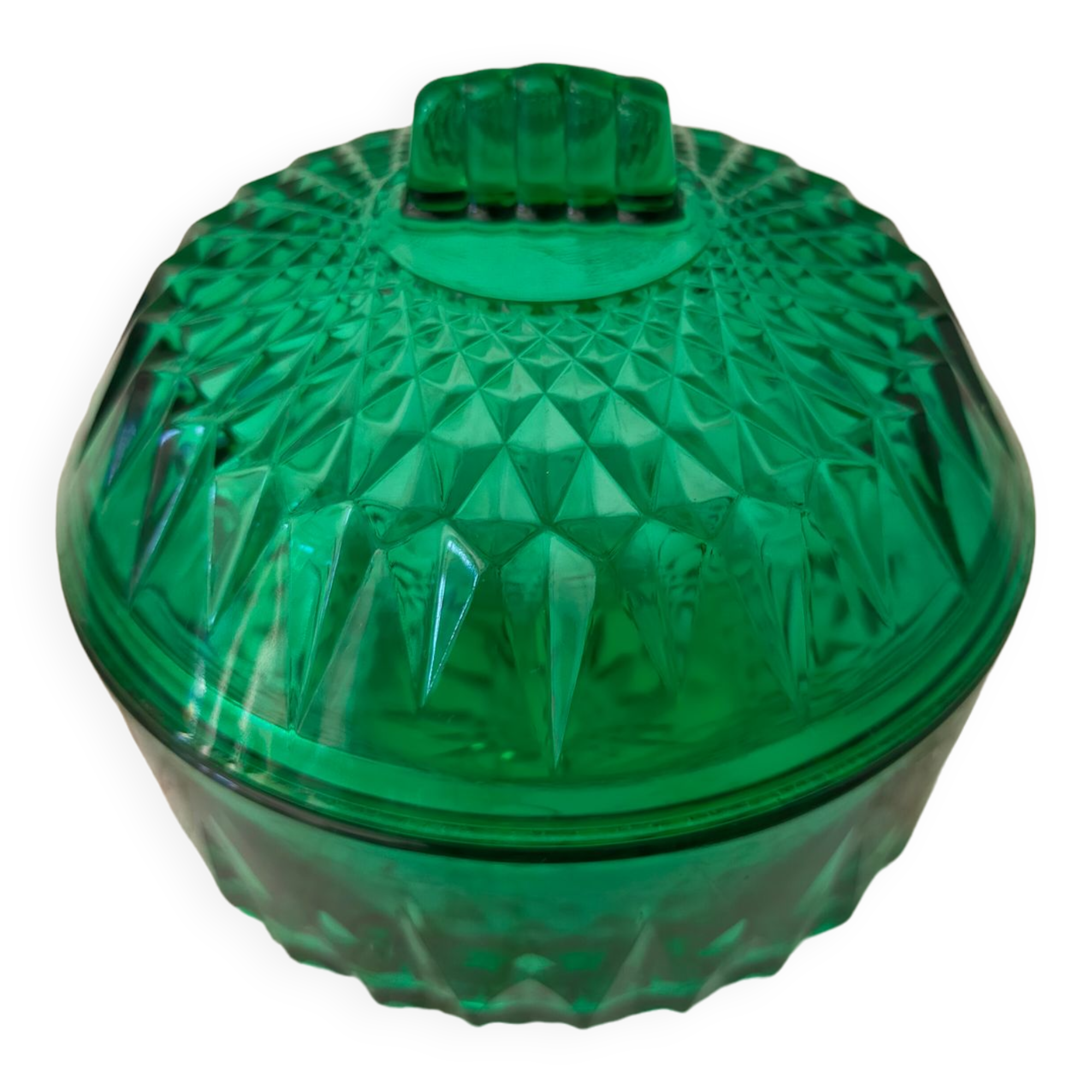 Vintage art deco glass sugar bowl, emerald green color from the 60s