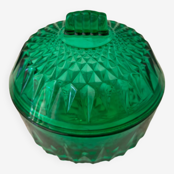 Sucrier vintage en verre art déco, couleur vert émeraude des années 60