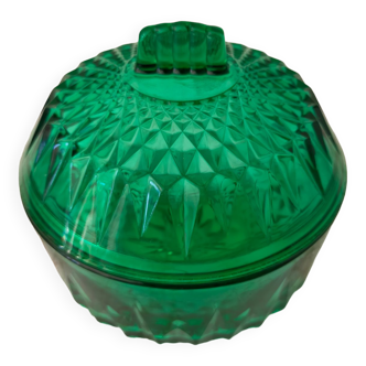 Vintage art deco glass sugar bowl, emerald green color from the 60s