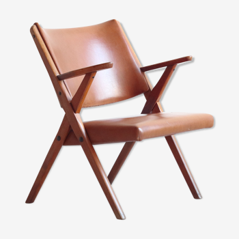 Fauteuil scandinave en bois et simili cuir édité par Arredamenti Dal Vera