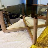 Table basse plateau verre piètement chêne