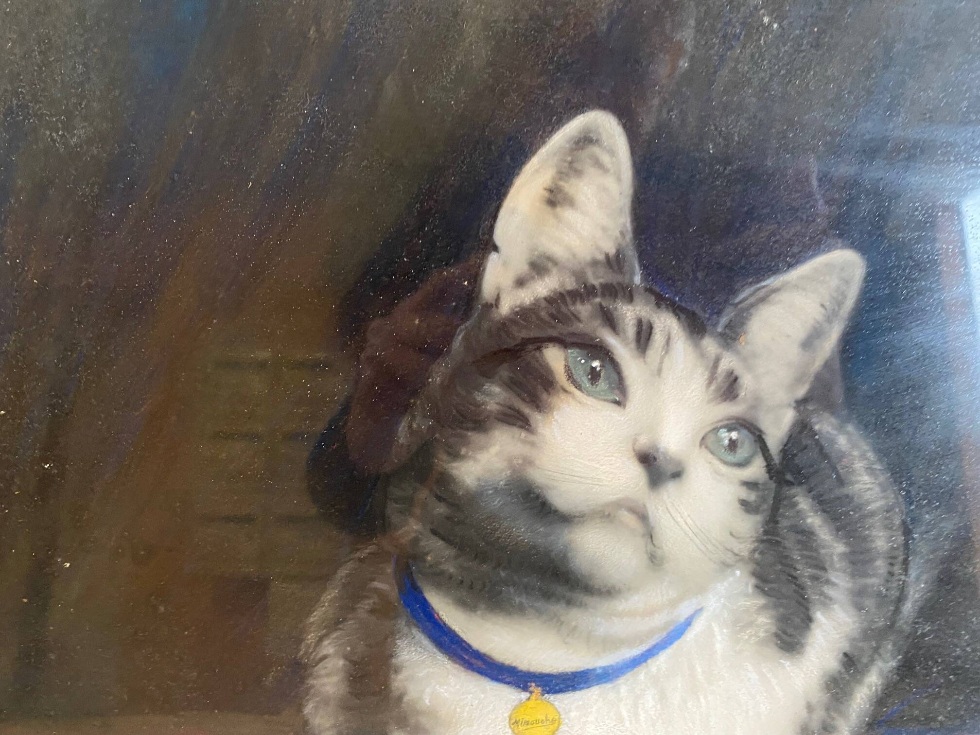 Animal painting cat minouche in gouache signed morris 1934 wooden frame