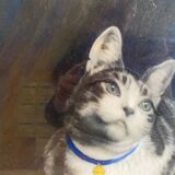 Animal painting cat minouche in gouache signed morris 1934 wooden frame