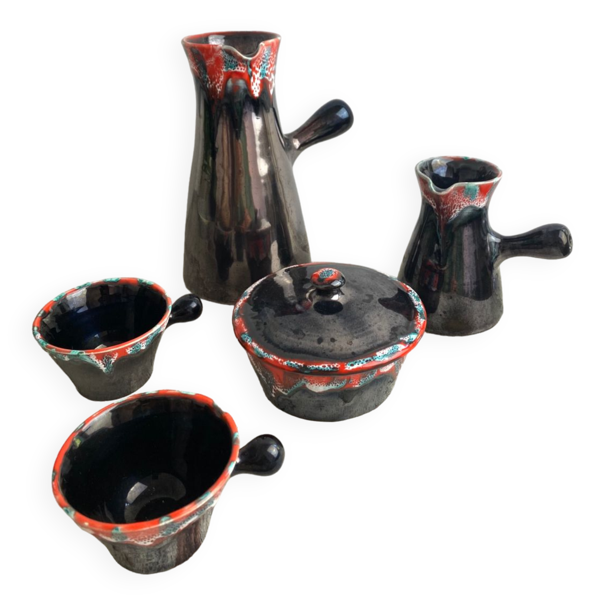 Vallauris ceramic pitcher, sugar bowl and cup set