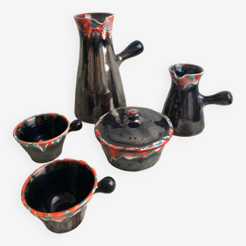 Vallauris ceramic pitchers, sugar bowl and cups set