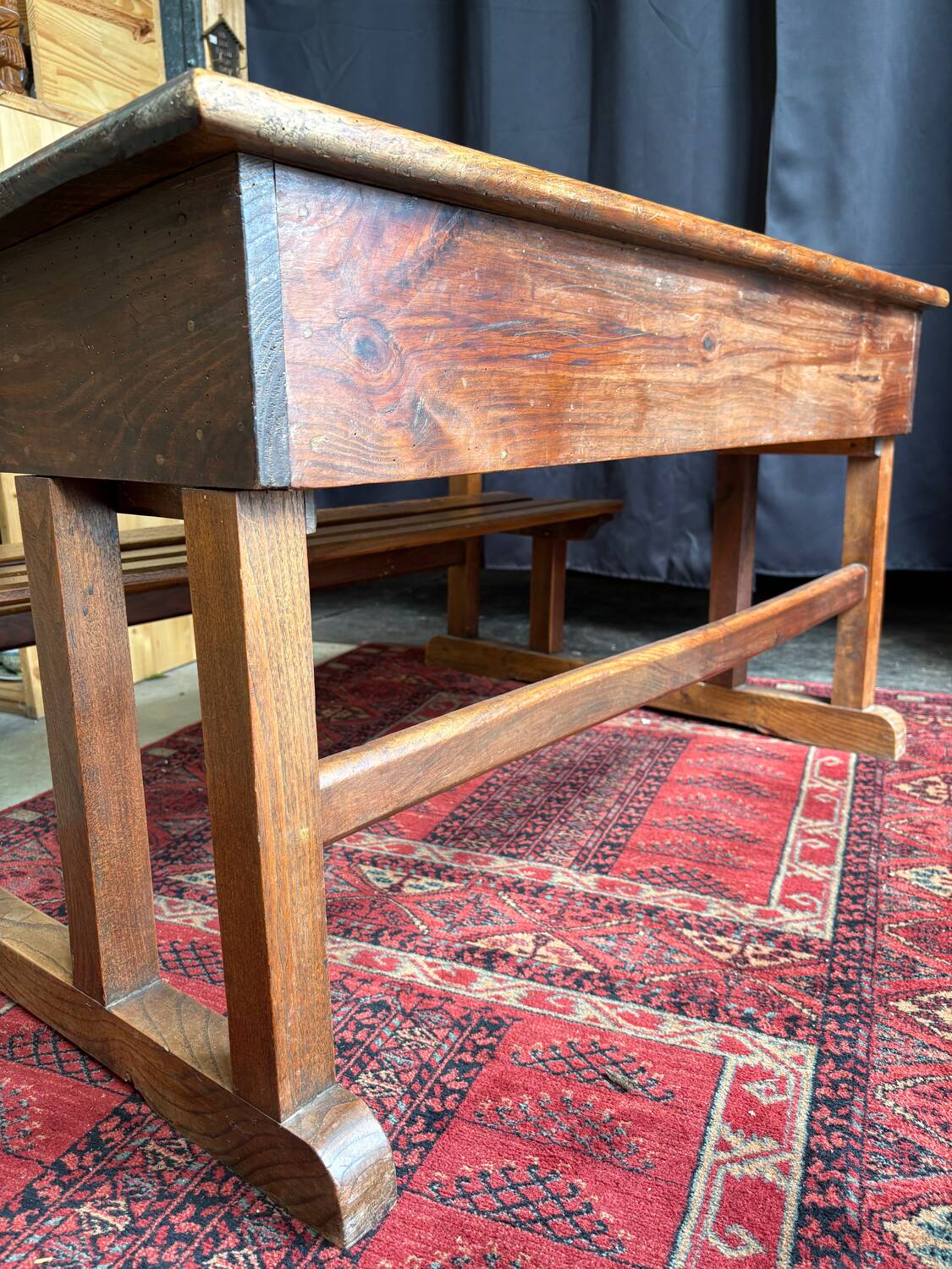 Wooden school desk with integrated bench, France, 1950s