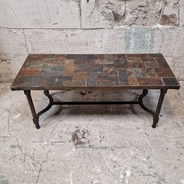 Vintage table basse fer forge et ardoise