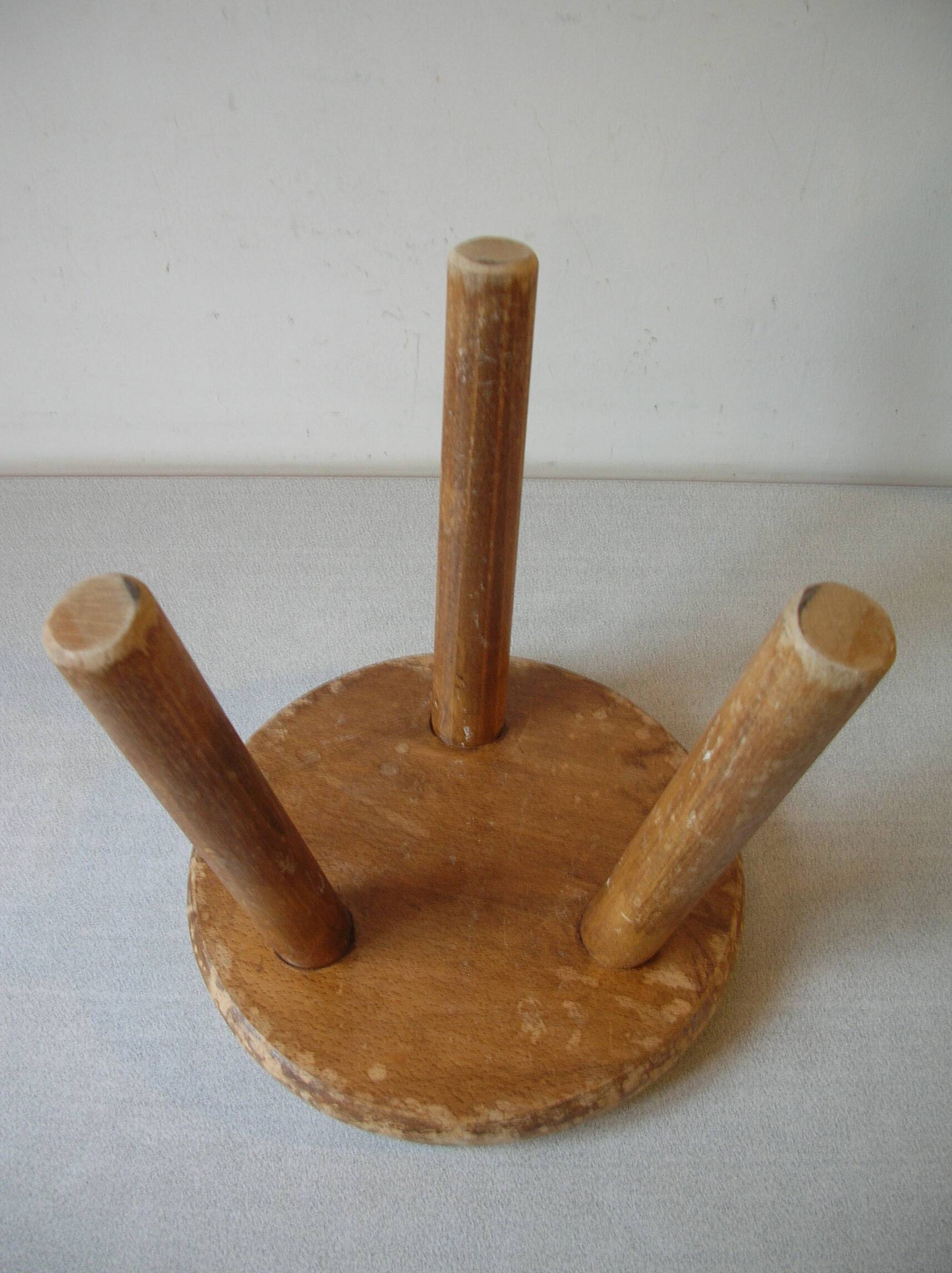 Old tripod stool with 3 wooden legs, painted floral decoration, flower bouquet